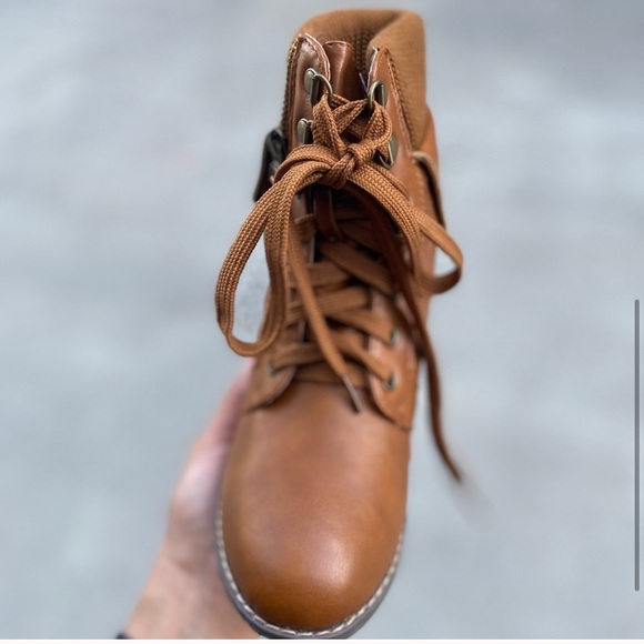 New Brown Vegan Leather Sweater Cuff Tie Up Boots - Picture 3 of 6